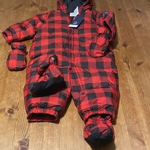 GAP Red and Black Buffalo Check Plaid Down fill Snow one piece Overalls 6-12mos